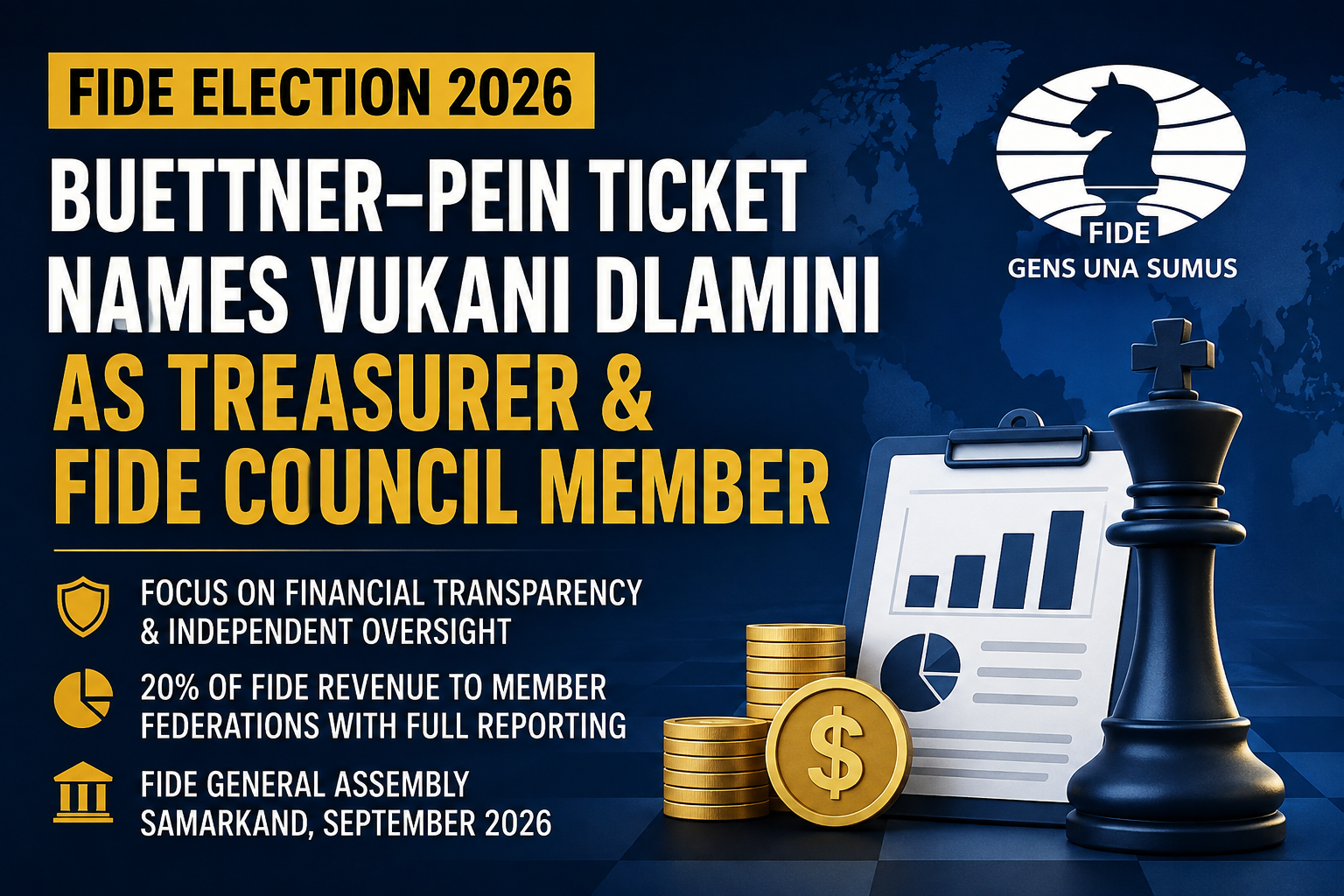 Chess news — Buettner–Pein Ticket Names Vukani Dlamini as FIDE Treasurer Candidate